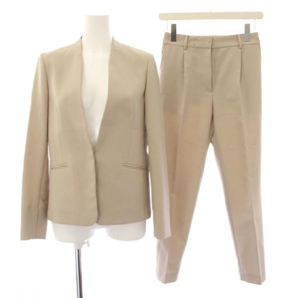 美品 PLST プラステ パンツスーツ ノーカラー ベージュ S 伸縮性 プラステ PLST パンツスーツ ノーカラージャケット パンツ スラックス