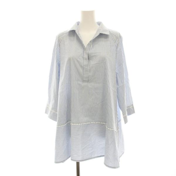​【美品】レリアン 大きいサイズ 17+ ストライプ 切替 シャツワンピース レリアン Leilian シャツ ブラウス 七分袖 ストライプ 17+ 大きい