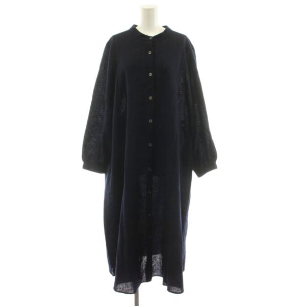 美品 レリアン 13＋サイズ バンドカラーコットンシャツワンピース 楊柳生地 紺 レリアン Leilian シャツワンピース ロング マキシ 長袖 バンドカラー