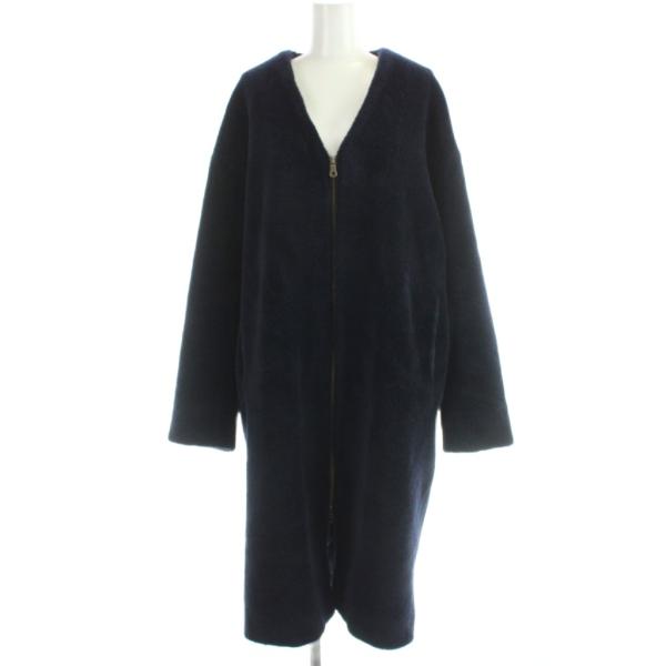ソージュ SOEJU wool boa zip coat ノーカラーコート ロング ボア 紺
