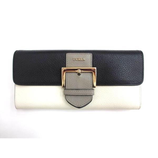 フルラ FURLA レザー 2つ折り長財布 バイカラー ホワイト ブラック ベルト ロングウォレット 箱付 フルラ FURLA レザー 2つ折り長財布 バイカラー ホワイト ブラック ベルト ロングウォレット 箱付