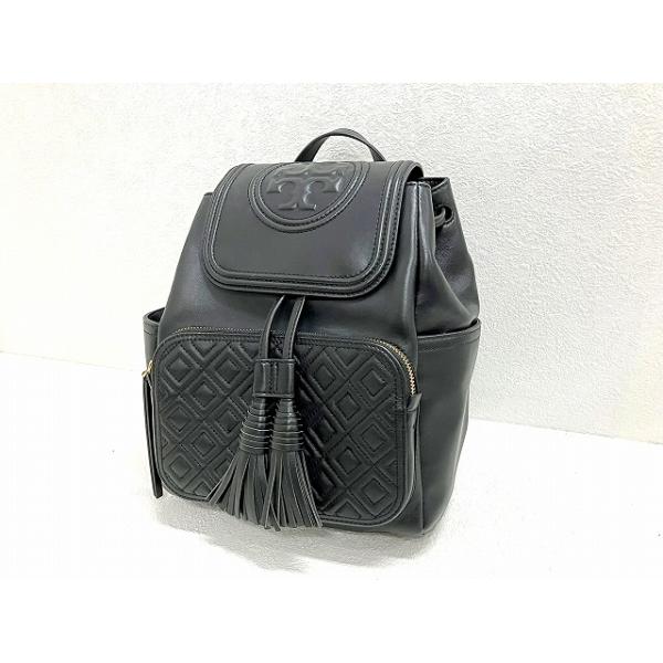 【中古】トリーバーチ TORY BURCH ラムレザー 巾着型リュックサック 黒 美品 45143 やや小さめ タッセル 子羊革 TORY BURCH（トリーバーチ） ラムレザー 巾着型リュックサック 黒 美品