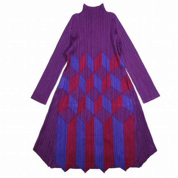 美品 プリーツプリーズ ノースリーブ チュニックワンピース パープル