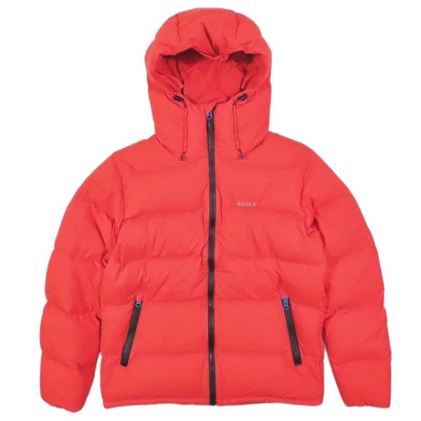 AIGLE フード付き赤ダウンジャケット　L 美品 エーグル AIGLE ダウンジャケット ブルゾン フーデット ロゴ刺繍