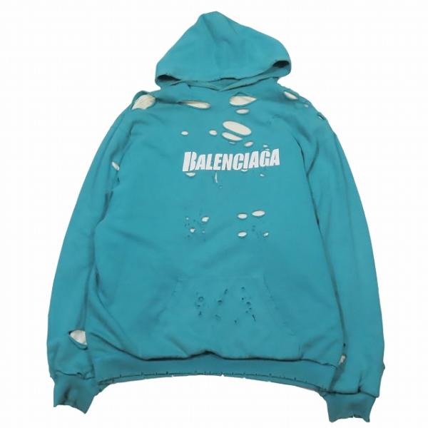 BALENCIAGA デストロイフーディ パーカー ターコイズブルー　XXS BALENCIAGA 2020年 バレンシアガ CAPS DESTROYED プルオーバー
