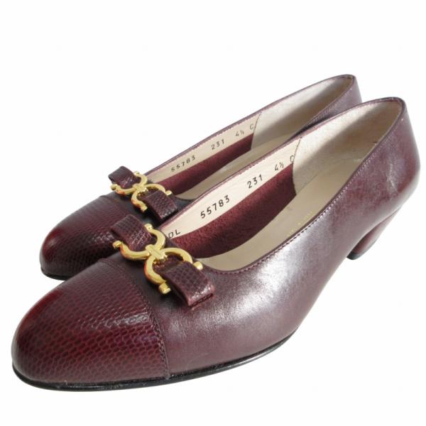 美品　フェラガモ　パンプス　ガンチーニ　リボン　レザー　レッド Salvatore Ferragamo - サルヴァトーレフェラガモ パンプス 本革
