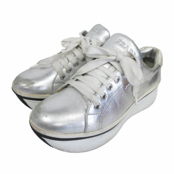 PRADA プラダ 1E557 厚底 スニーカー レザー メタリック ローカット