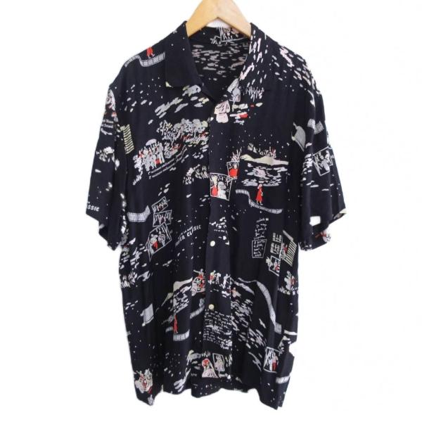 【中古】ポータークラシック Porter Classic アロハシャツ 総柄 シネマ柄 ロゴ プリント レーヨン 半袖 M 黒 系 ポータークラシック Porter Classic アロハシャツ 総柄 シネマ柄 ロゴ