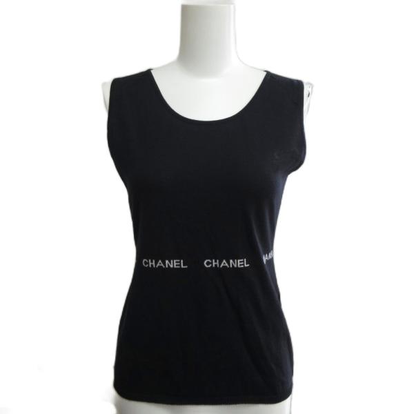 【中古】シャネル CHANEL 美品 ヴィンテージ ノースリーブ カットソー シグネチャー ニット 黒 ブラック  ■MNK2 CHANEL（シャネル） 美品 ヴィンテージ ノースリーブ カットソー ジャ