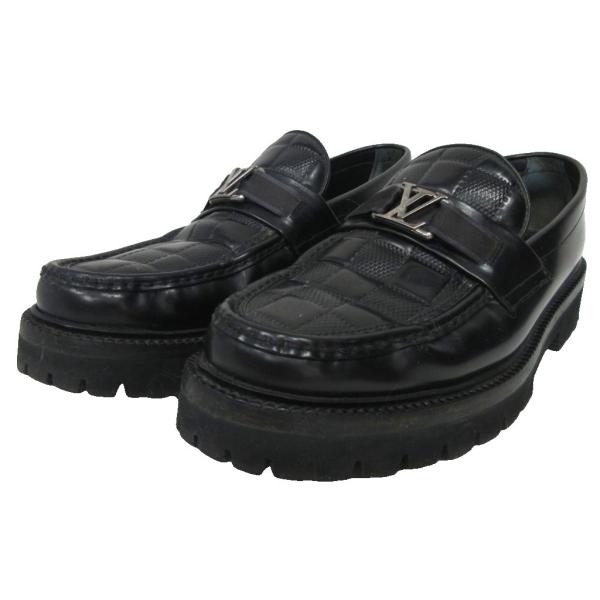 【中古】ルイヴィトン 21年 メジャーライン ローファー ダミエ レザーシューズ LV金具 7.5 黒 ブラック ■MNK3 LOUIS VUITTON（ルイ・ヴィトン） LOUIS VUITTON 21年 メジャーライン