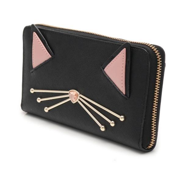 Kate Spade ジャズシングスアップ Kate ジャズシングスアップ 中古 黒 ラウンドファスナー長財布 ケイトスペード ラウンドファスナー長 財布 レザー ネダ ピンク 小物 ビジュー Wlru3074 猫 キャットモチーフ 114 ブランド古着販売のベクトル 安心の正規