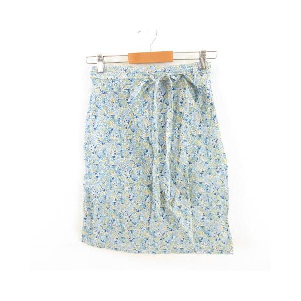 【中古】グランマママドーター GRANDMA MAMA DAUGHTER 膝丈スカート 台形 花柄 リネン混 水色 白 黄 0 レディース グランマママドーター GRANDMA MAMA DAUGHTER 膝丈スカート 台形 花柄