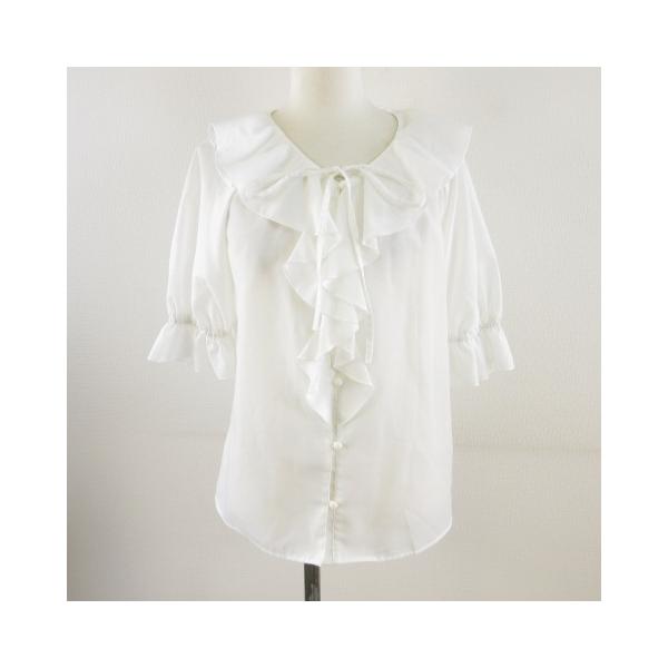ジーユー GU ラッフルVネックブラウス シャツ 七分袖 白 XS *T141