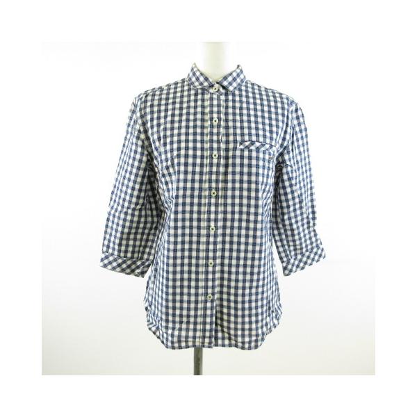 クロコダイル CROCODILE シャツ ブラウス 七分袖 チェック 紺 白 M