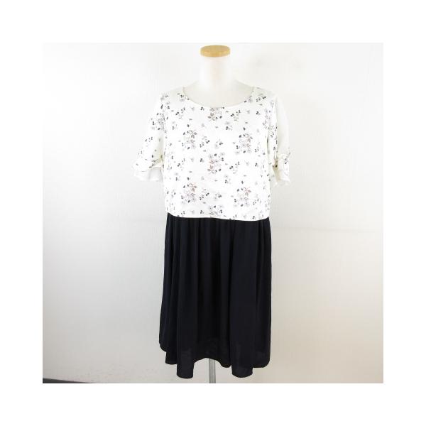 ラビミック LOVEMIC マタニティ ひざ丈フレアワンピース 半袖 花柄 オフホワイト 紺 L *A59 レディース【表記サイズ】Lバスト86-94身長154-162【実寸サイズ】肩幅：37cm　身幅：48cm　袖丈：26cm　総丈：91...