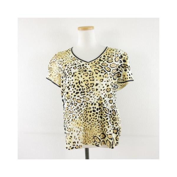 【中古】レオナール LEONARD カットソー Vネック 半袖 ヒョウ柄 ベージュ 黒 LL *A694 レディース LEONARD（レオナール） カットソー Vネック 半袖 ヒョウ柄 ベージュ 黒