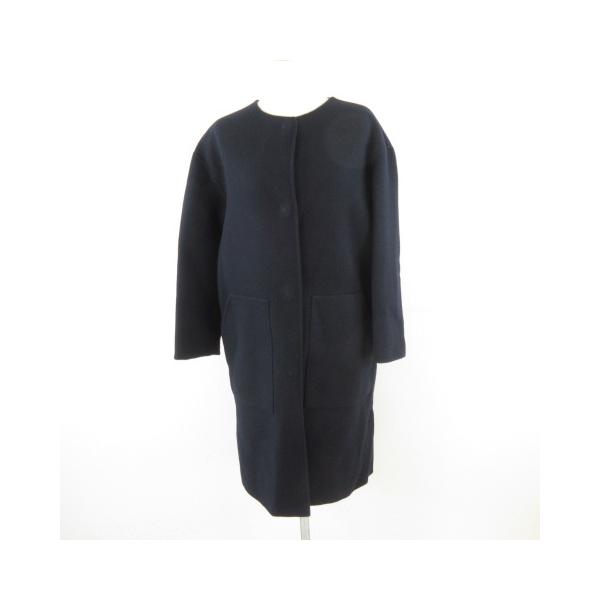 オンワード樫山 ノーカラーコート ロング 長袖 紺 2 *T169 レディース