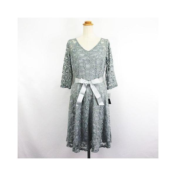 未使用品 イチオク パーティドレス ワンピース 五分袖 Vネック ひざ丈 総レース M グレー ※EKM レディース【表記サイズ】M【実寸サイズ】肩幅：33cm　身幅：43cm　袖丈：39cm　総丈：89cm　　【素材】綿50%　ポリエステ...