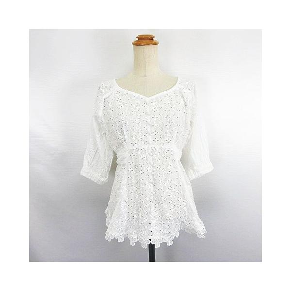 トッコ TOCCO ブラウス シャツ 七分袖 ペンタゴンネック コットンレース リボン M オフホワイト ※EKM レディース