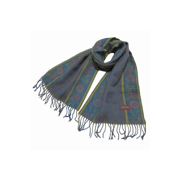 KENZO 80s 90s 花柄 大判 ストール マフラー ブランケット ケンゾー KENZO 美品 フラワー マフラー フリンジ 花柄 ウール ブルー
