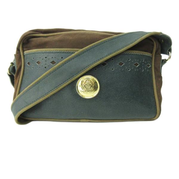 【中古】ロエベ LOEWE ショルダーバッグ ロゴ パッチ キャンバス レザー 緑 茶 グリーン ブラウン 1111 レディース LOEWE（ロエベ） ショルダーバッグ ロゴ パッチ キャンバス レザー 緑