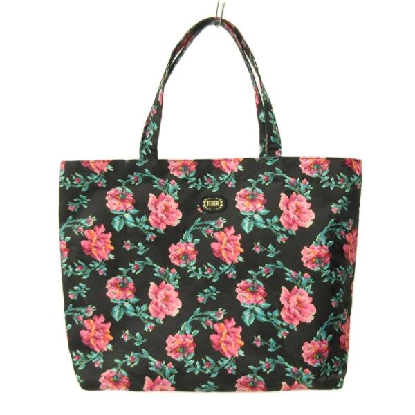 フェイラー FEILER 美品 トートバッグ 花柄 ロゴ パッチ パッカブル 黒