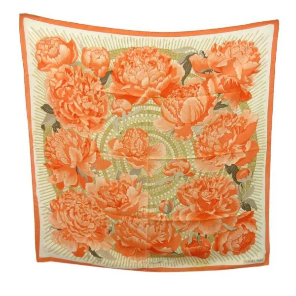 【美品　HERMES 　シルクスカーフ】 Les Pivoines 芍薬 HERMES（エルメス） 美品 Les Pivoines 芍薬 牡丹 カレ90 スカーフ 花
