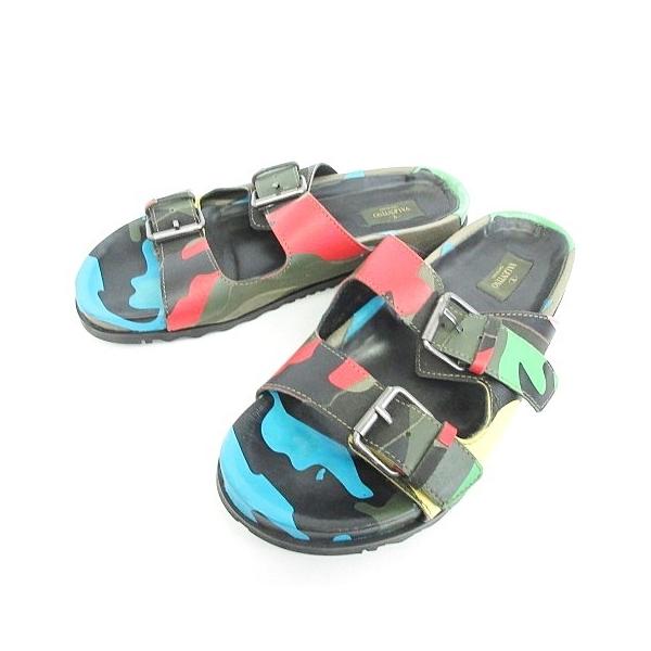 【中古】ヴァレンティノ ガラヴァーニ VALENTINO サンダル カモフラ 迷彩柄 ベルト レザー カーキ 赤 青 緑 黒 グリーン 42 1/2 26cm ヴァレンティノ ガラヴァーニ VALENTINO GARAVANI サンダル カモフラ