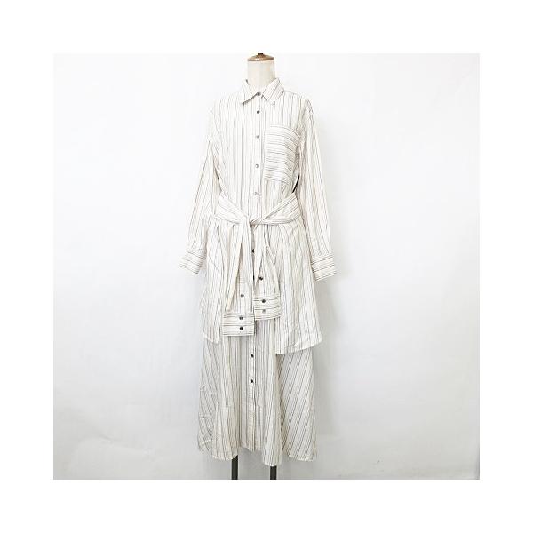 アドーア ワンピース シャツワンピ ロング 長袖 異素材切替 ストライプ