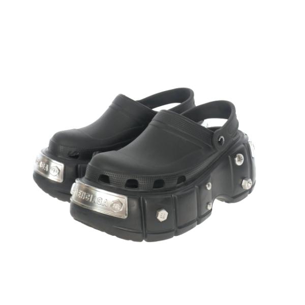 40 極美品　バレンシアガ　ハードクロックス　オールブラック 新色【BALENCIAGA】HARDCROCS ハード クロックス ロゴ サンダル