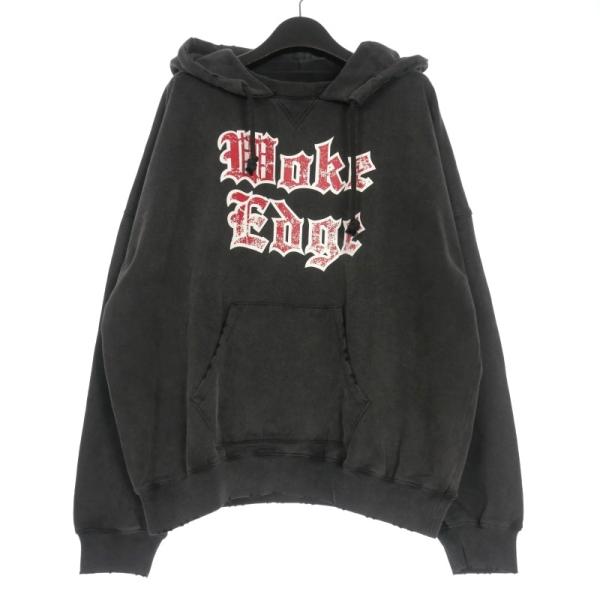 【中古】未使用品 ワークエッジ 25AW After Hoodie ダメージ加工 ロゴプリントパーカー フーディー 長袖 M ブラック 黒 未使用品 ワークエッジ WOKE EDGE 25AW After Hoodie ダメージ加工