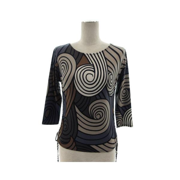 ジョアン JOAN カットソー 社交ダンス 七分袖 サイドドロスト ストレッチ 総柄 ブルーグレー 茶 黒 マルチカラー M レディース【表記サイズ】M【実寸サイズ】肩幅：約39cm　身幅：約40cm　着丈：約49cm　袖丈：約39cm　※...