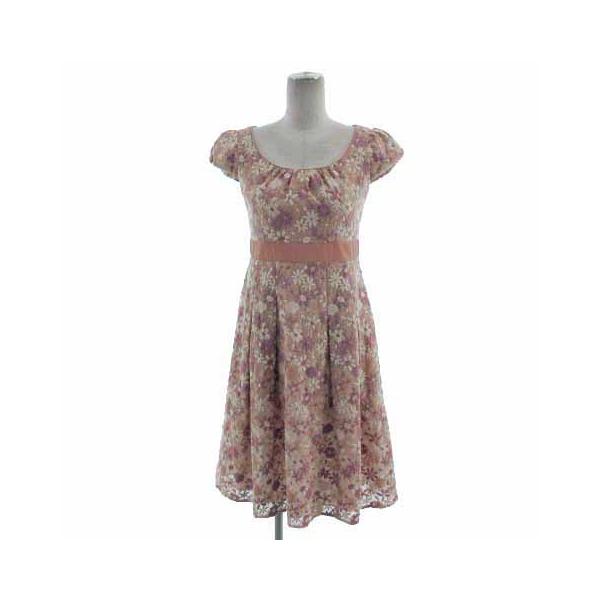 【中古】トッカ TOCCA ワンピース フレンチスリーブ ひざ丈 日本製 花柄刺繍レース ピンクベージュ 紫 ラメ ピンク 0 トッカ TOCCA ワンピース フレンチスリーブ ひざ丈 日本製 花柄刺繍