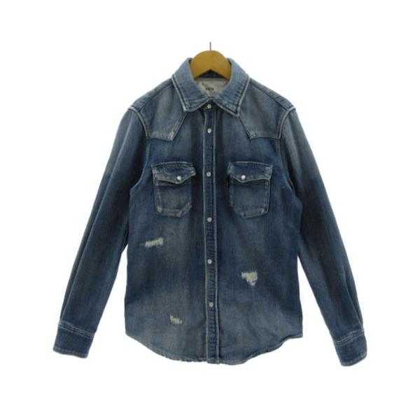 【中古】エーケーエム AKM×アンフィビアン AMPHIBIAN 別注クラッシュ加工ジョグデニムシャツ リペア加工 長袖 青 S エーケーエム AKM×アンフィビアン AMPHIBIAN 別注クラッシュ加工ジョグ