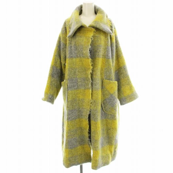 【中古】ヤスユキオジマ Yasuyuki ojima ウール シャギーファー ロング コート チェック 黄色 グレー ヤスユキオジマ Yasuyuki ojima ウール シャギーファー ロング コート