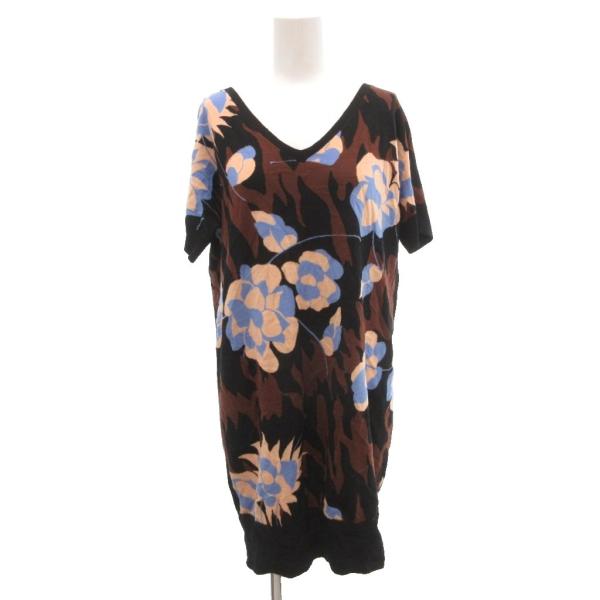 ダナキャランニューヨーク DKNY ニットチュニック ウール S 茶 ブラウン 花柄 Vネック 半袖 /NL ■ECF003 レディース