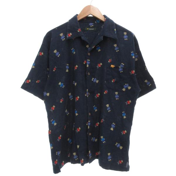 ゴールデンベア GOLDEN BEAR シャツ 半袖 薄手 くま テディベア 総柄 Ｌ 紺 ネイビー /SD ■ECF004 メンズ