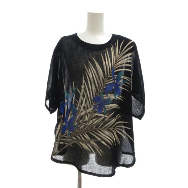 elegance fashion ヴィンテージ シアーシャツ ブラウス L 黒 ブラック ボタニカル柄 ラウンドネック 半袖 /NU ■ECF005 レディース