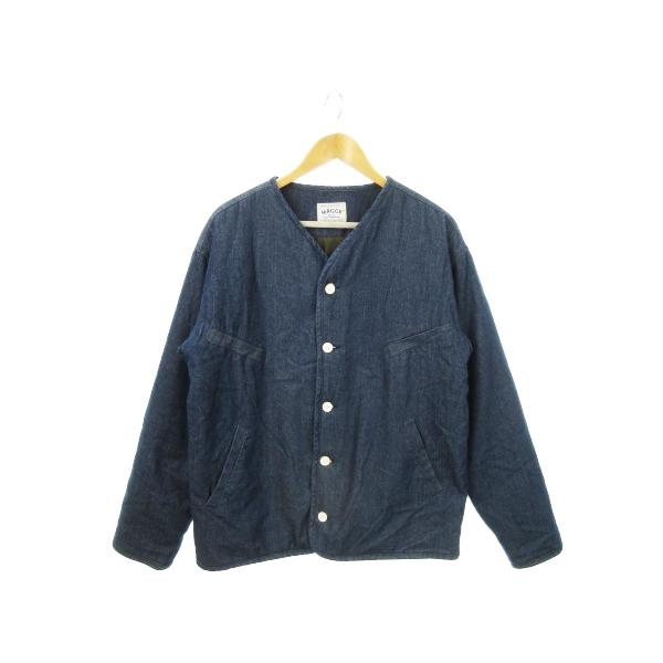 MRGGR ノーカラージャケット Vカット デニム 内側キルティング XL 青