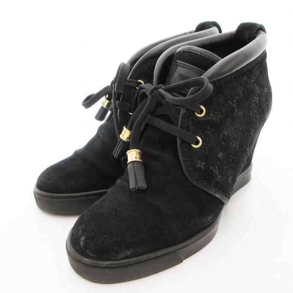 美品 ルイヴィトン リボン　黒　ロングブーツ　スエード　36.5 美品 ルイヴィトン リボン黒ロングブーツスエード36.5