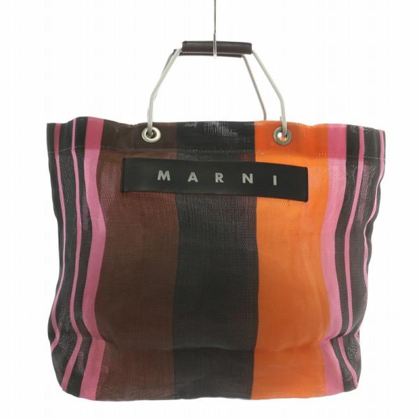 美品　マルニ　かごバッグ　ショッピングバッグ　トートバッグ　ストライプ　革ロゴ MARNI マルニ マーケット MARKET フラワーカフェバッグ トート