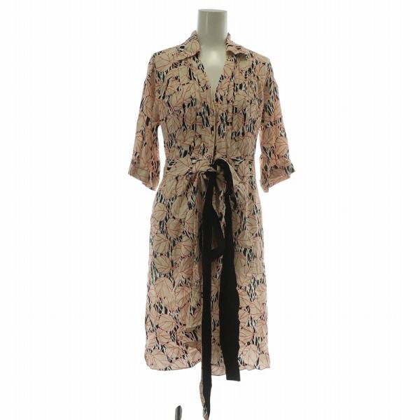 【中古】未使用品 DIANE von FURSTENBERG ラップワンピース シャツ 七分袖 ひざ丈 Vネック 総柄 XS ベージュ 赤 黒 未使用品 DIANE von FURSTENBERG 近年モデル ラップワンピース シャツ