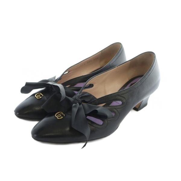 【中古】グッチ GUCCI パンプス チャンキーヒール GGマーモント バット コウモリ リボン 35.5 23cm 黒 ブラック vectorpremium_165-402510210092