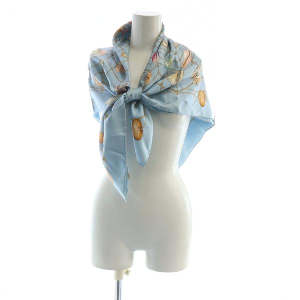 GUCCI（グッチ） 大判スカーフ ストール シェル柄 ロゴ 絹 シルク 青