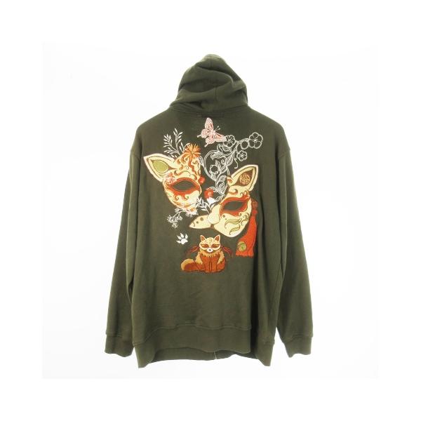 【中古】コンジャク 今昔 KON-JAKU スウェットパーカー ジップアップ 和柄刺繍 眠り狐 狸 面 蝶 花 XL 緑 カーキ コンジャク 今昔 KON-JAKU スウェットパーカー ジップアップ 和柄刺繍