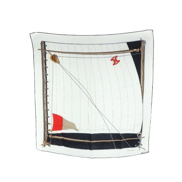 CELINE（セリーヌ） 大判スカーフ ストール 絹 シルク ロゴ 総柄 白