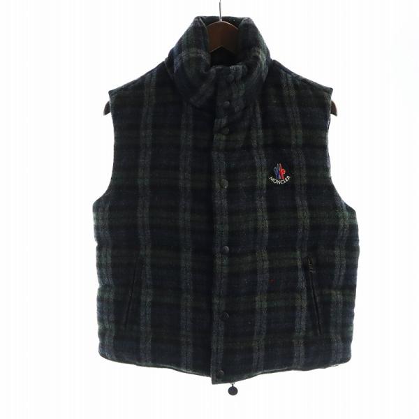 【中古】モンクレール MONCLER CHABRE ダウンベスト ジップアップ チェック柄 ツイード 0 XXS 緑 グリーン MONCLER（モンクレール） MONCLER CHABRE ダウンベスト ジップアップ
