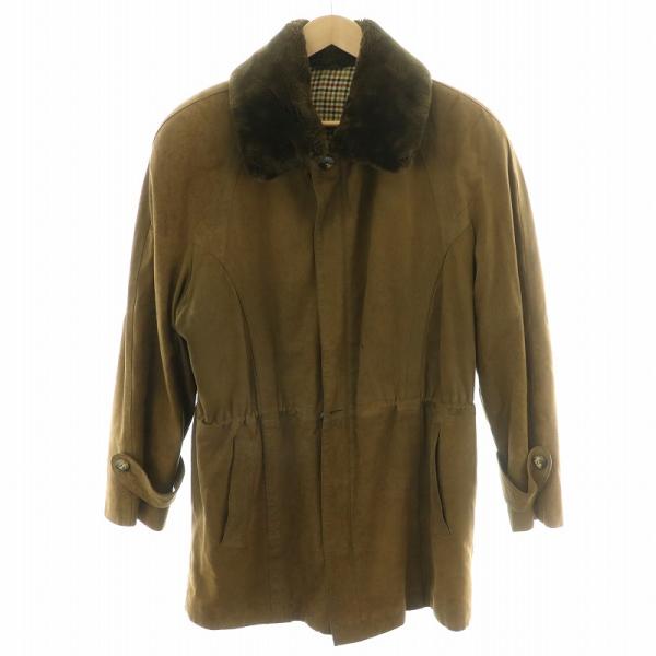 【中古】ジリ ZILLI レザーコート ロング チンストラップ ミンクファー 毛皮 着脱可 チェック柄 48 カーキ 茶 ジリ ZILLI レザーコート ロング チンストラップ ミンクファー 毛皮