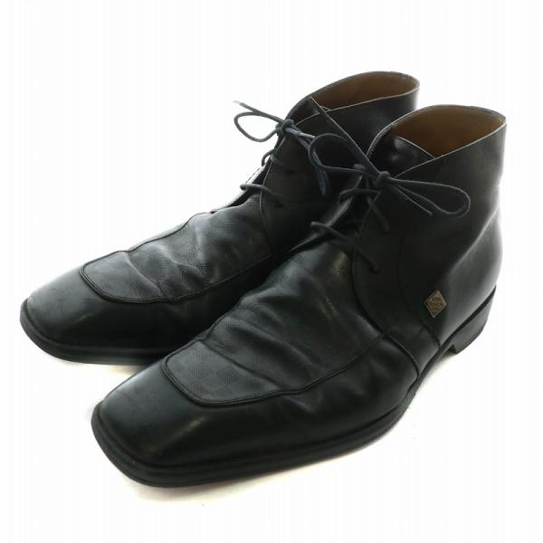 【中古】ルイヴィトン LOUIS VUITTON チャッカブーツ レザー スクエアトゥ ダミエ Uチップ ロゴプレート 7.5 26cm 黒 LOUIS VUITTON（ルイ・ヴィトン） チャッカブーツ レザー スクエアトゥ