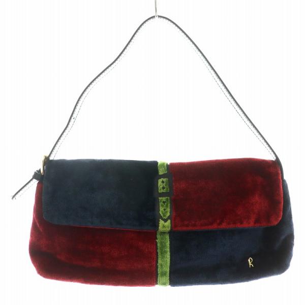 【中古】ロベルタディカメリーノ ベルベット ベロア ハンドバッグ ポーチ ワンショルダー トリコカラー 赤 紺 緑 ロベルタディカメリーノ ヴィンテージ ベルベット ベロア ハンドバッグ